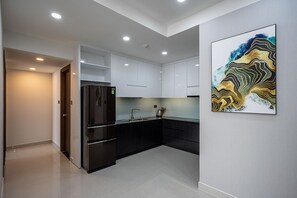 Luxury Apartment | Private kitchen | Fridge, microwave, stovetop, electric kettle