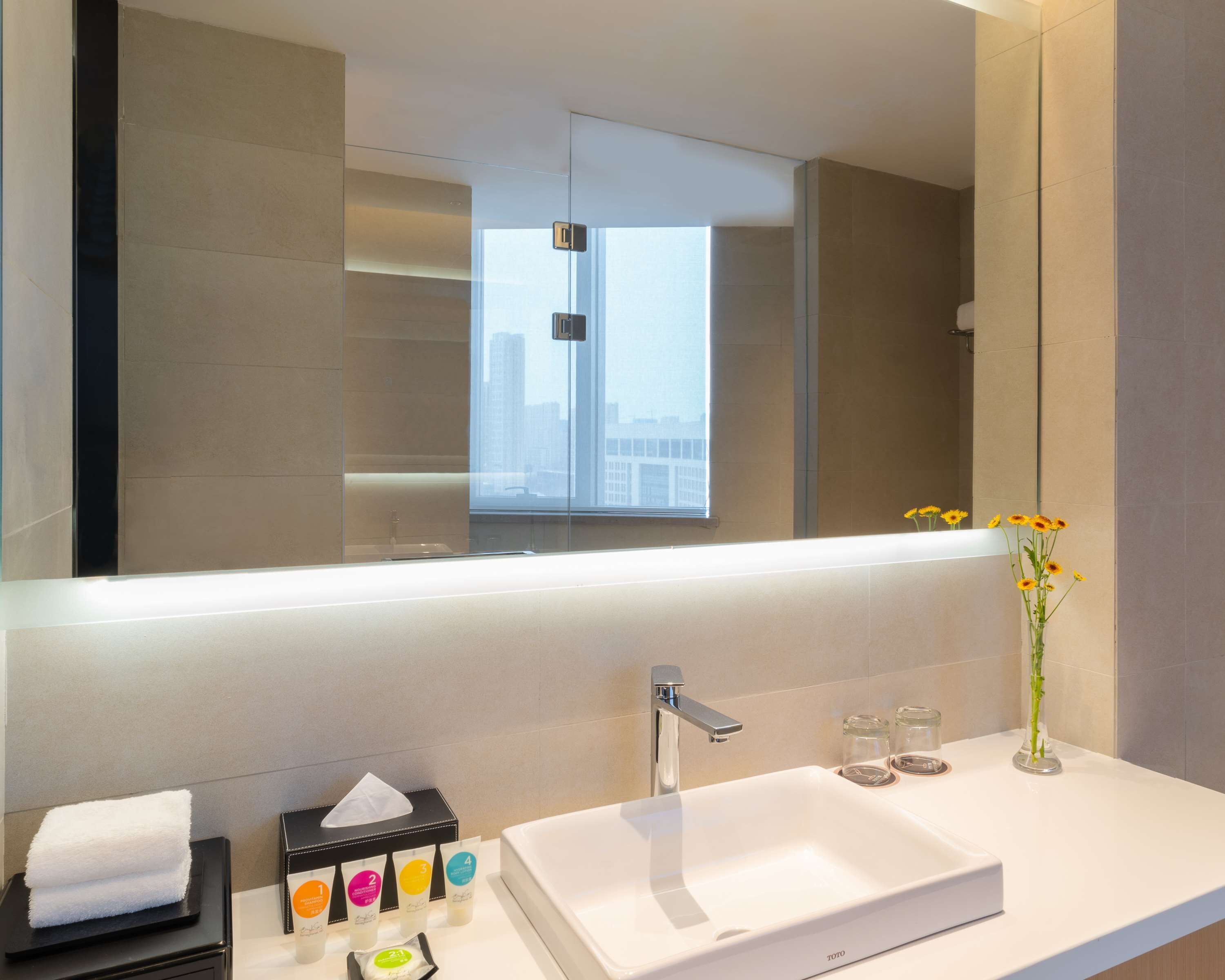 A modern bathroom with a large mirror, a white sink, and a window with a city view.