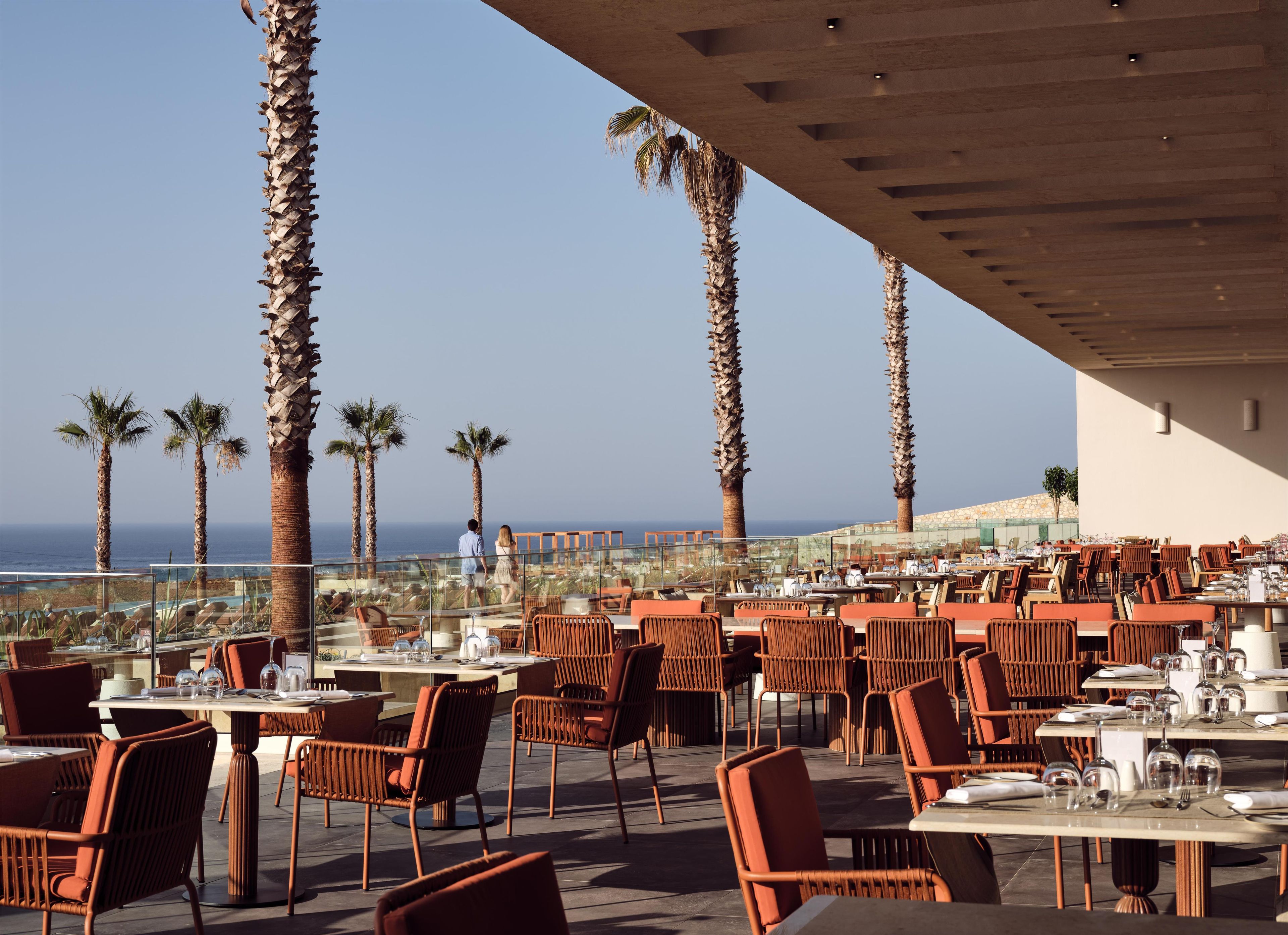Un espace extérieur aménagé pour les repas, avec des tables et des chaises, des palmiers et une vue sur l’océan.