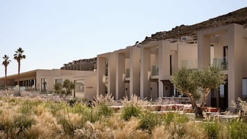 A modern hotel with multiple floors, outdoor seating areas, and palm trees.