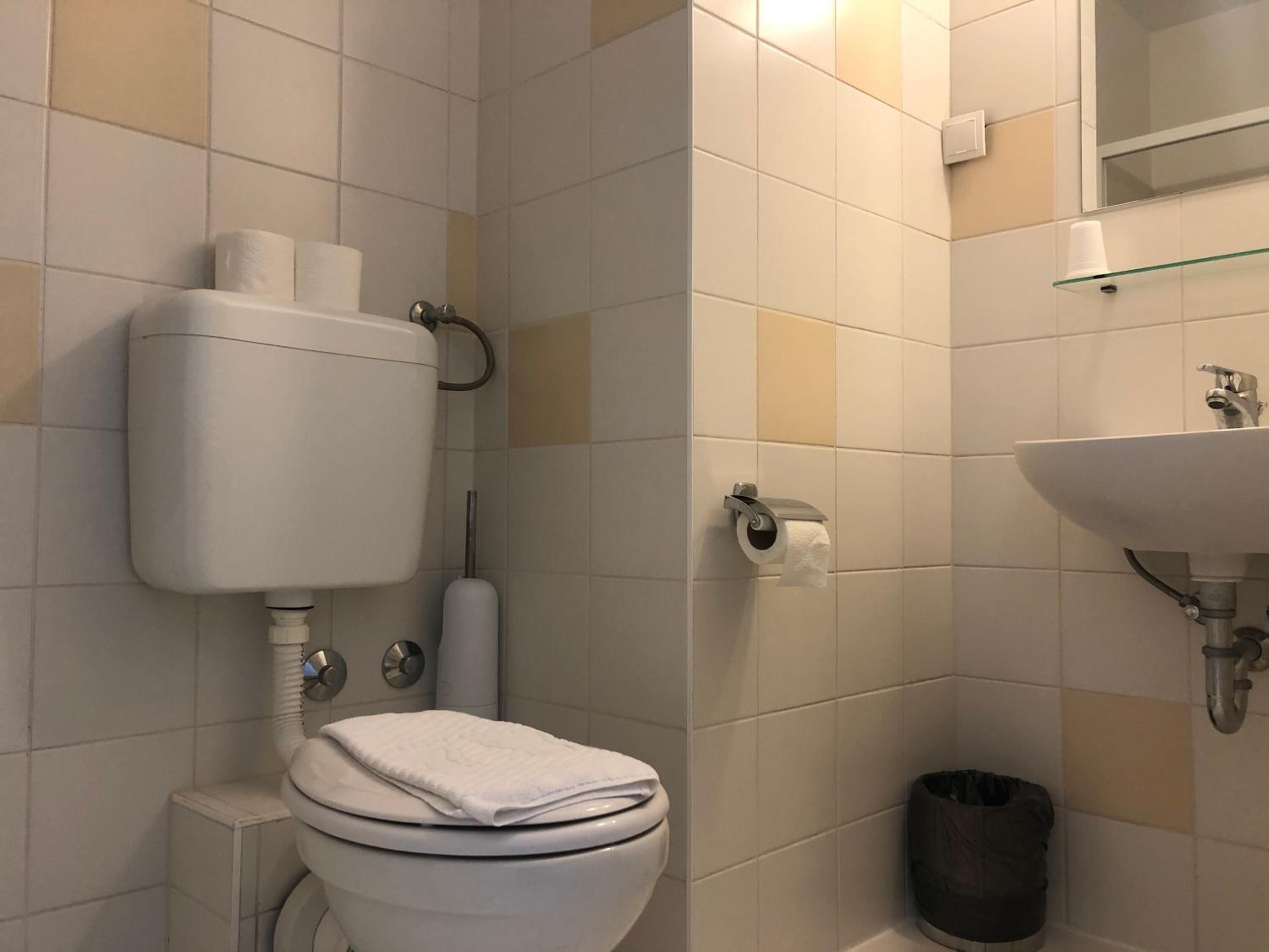 Une salle de bain équipée de toilettes, d’un bidet et d’un lavabo.