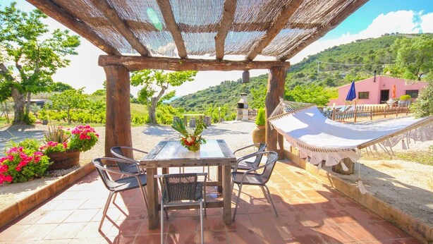 Eine Terrasse mit Tisch und Stühlen, umgeben von Blumentöpfen und einer Hängematte.