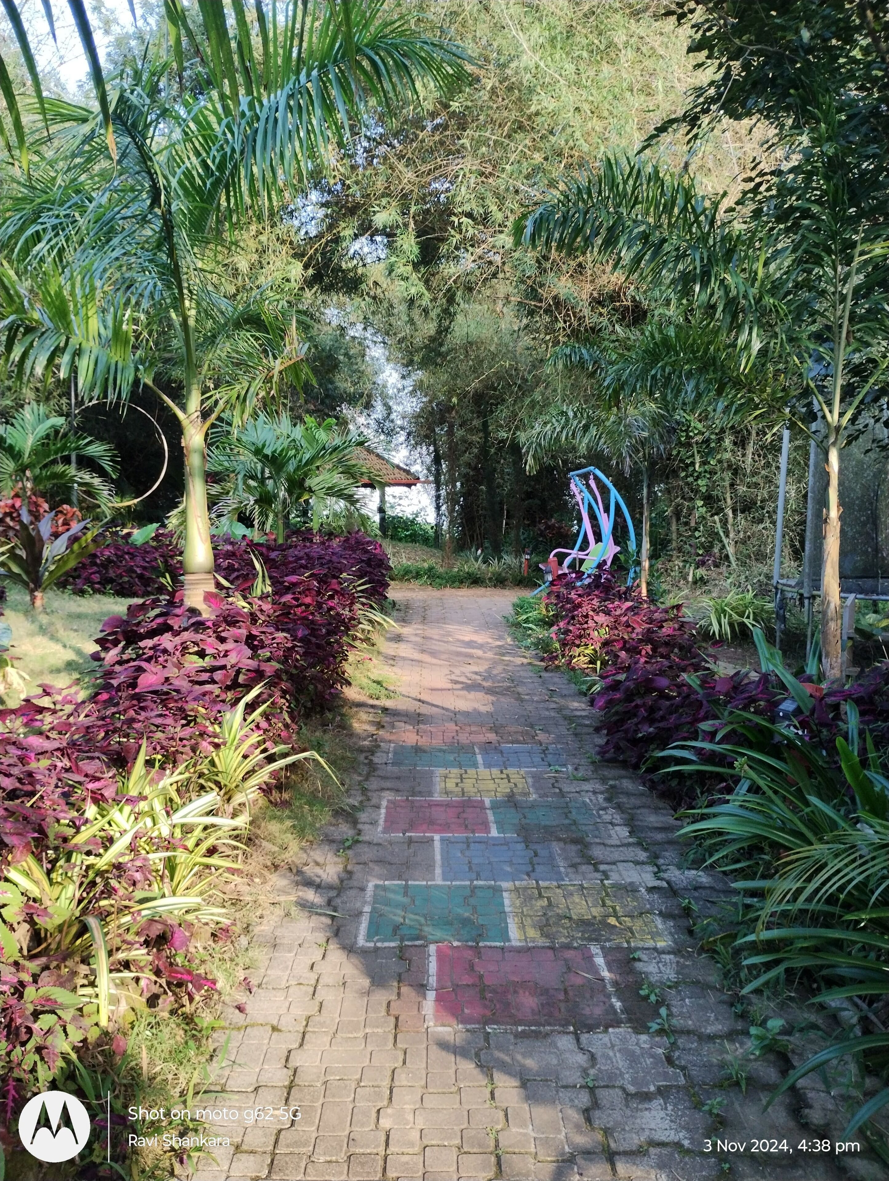 Un chemin de jardin dallé, bordé d’une végétation luxuriante et agrémenté d’une sculpture métallique décorative.