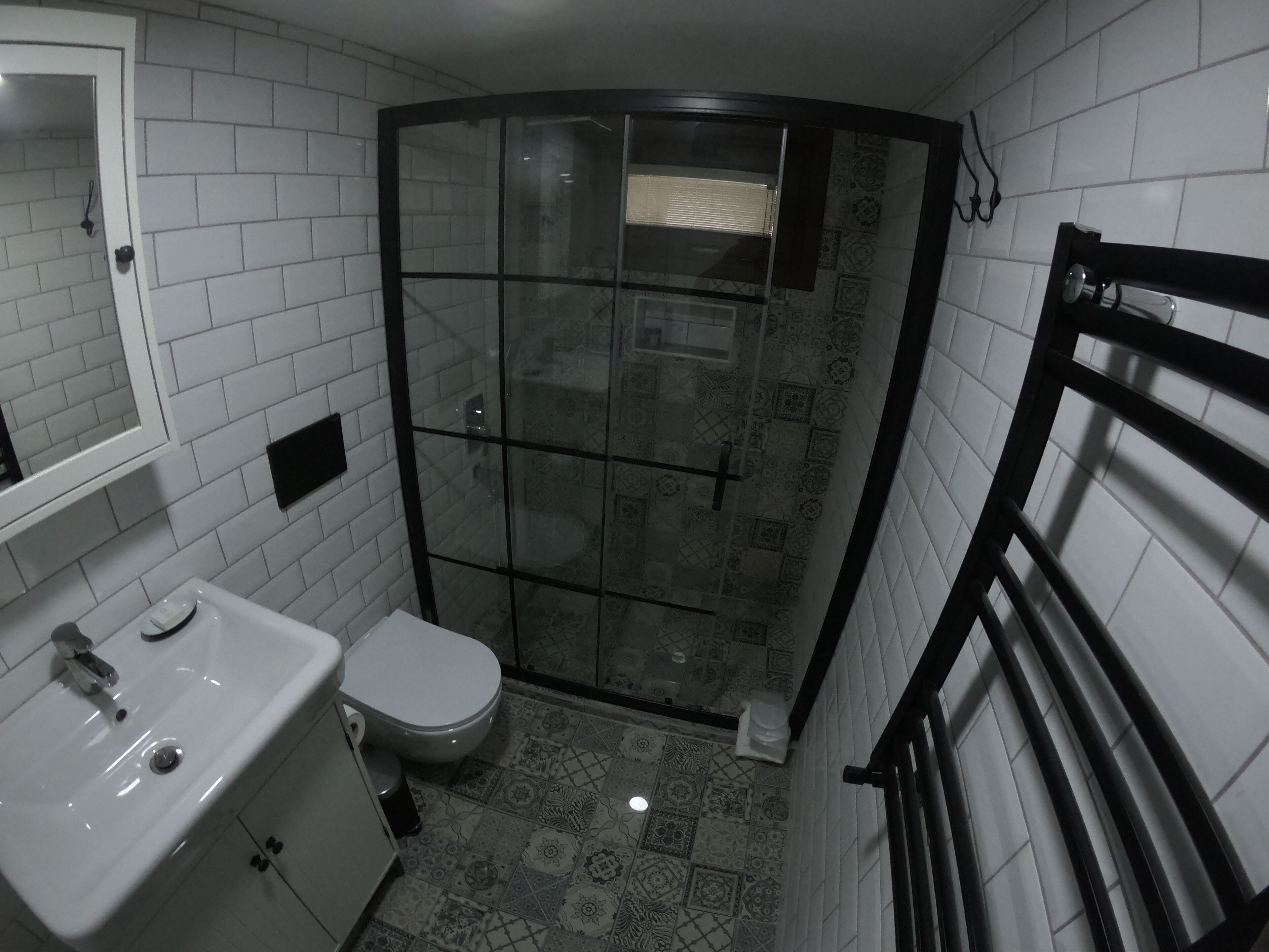 A small bathroom with a white sink, toilet, and a glass-enclosed shower area.