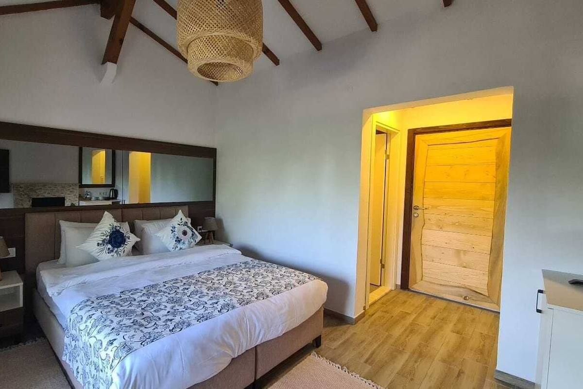 A bedroom with a large bed, bedside tables, a mirror, and a wooden door.