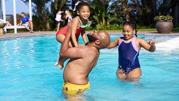 Outdoor pool, pool umbrellas, pool loungers