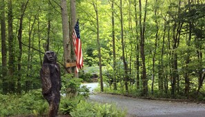 Uma área arborizada com uma estátua, uma bandeira americana e uma placa indicando '4784 HOLLY FIELD'.