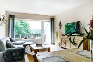 Televisio, DVD-soitin, kirjoja, stereot