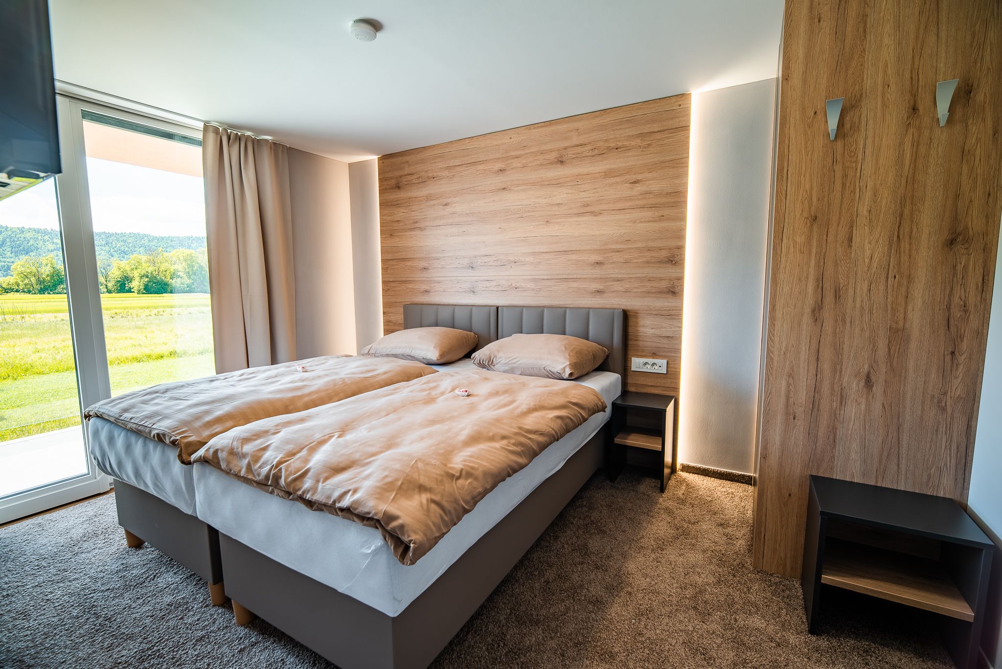 A modern bedroom with a large bed, a wooden headboard, a nightstand, and a view of a green landscape.