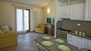 Un espace de vie compact comprenant un coin cuisine, un canapé, une table à manger avec de la vaisselle verte et un téléviseur posé sur un meuble.