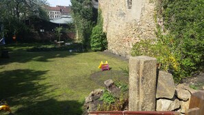 A grassy backyard with a stone wall, a yellow slide, and a purple play structure.