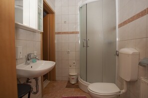 A bathroom with a sink, toilet, and shower.