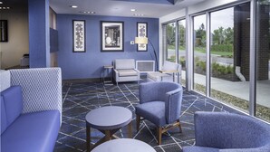 Un área de descanso moderna con mobiliario azul y blanco estampado, ventanas amplias que ofrecen vistas al exterior y una alfombra con estampado geométrico.