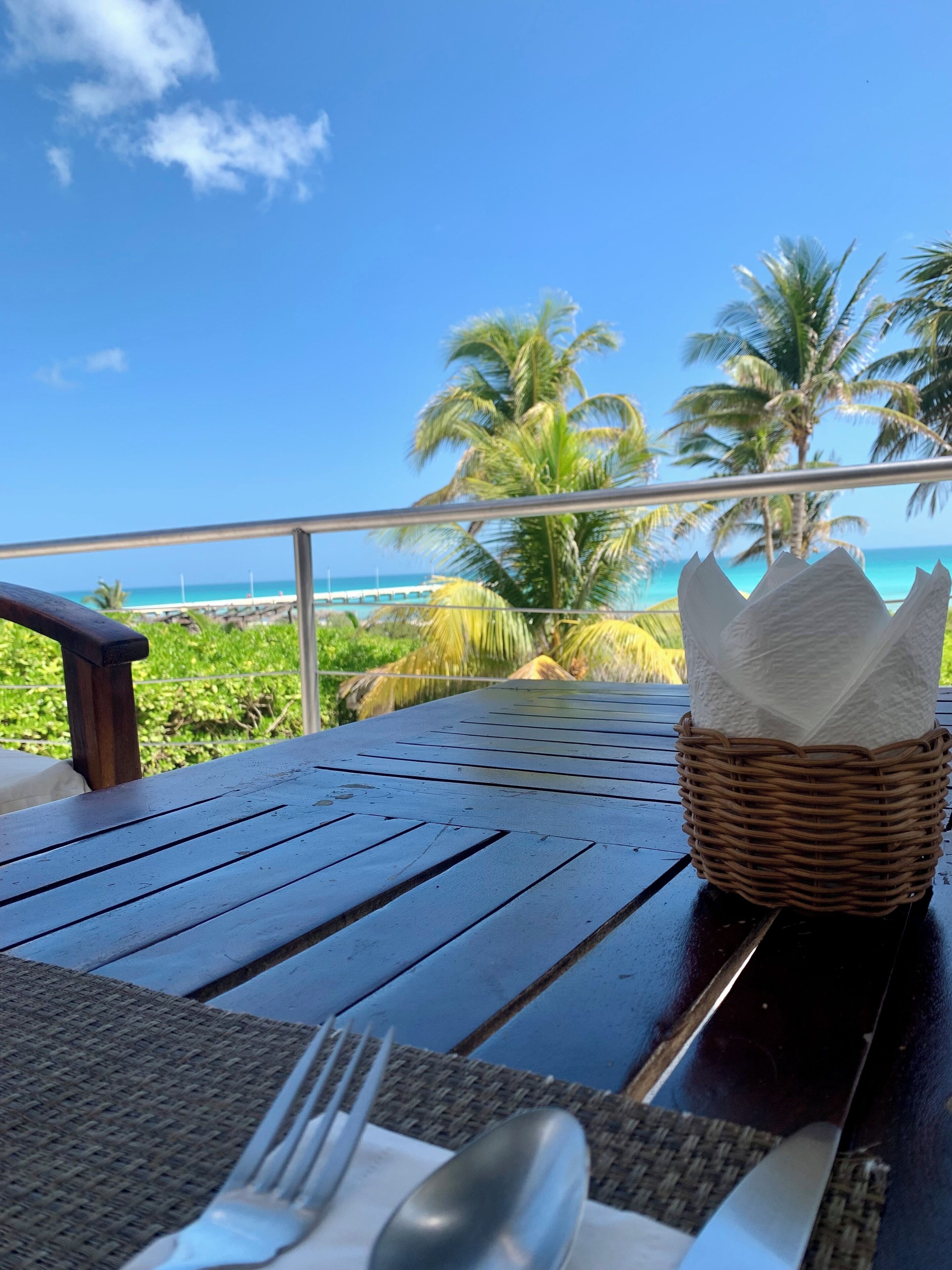 Una mesa con una cesta de mimbre que contiene servilletas, un tenedor y una cuchara, con vistas a una playa con palmeras y un cielo azul despejado.