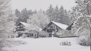 A snow-covered landscape with two chalet-style buildings, surrounded by trees and a snowy ground. - Holiday house near Anne (sauna, forest, lake) (Kirchheim)
