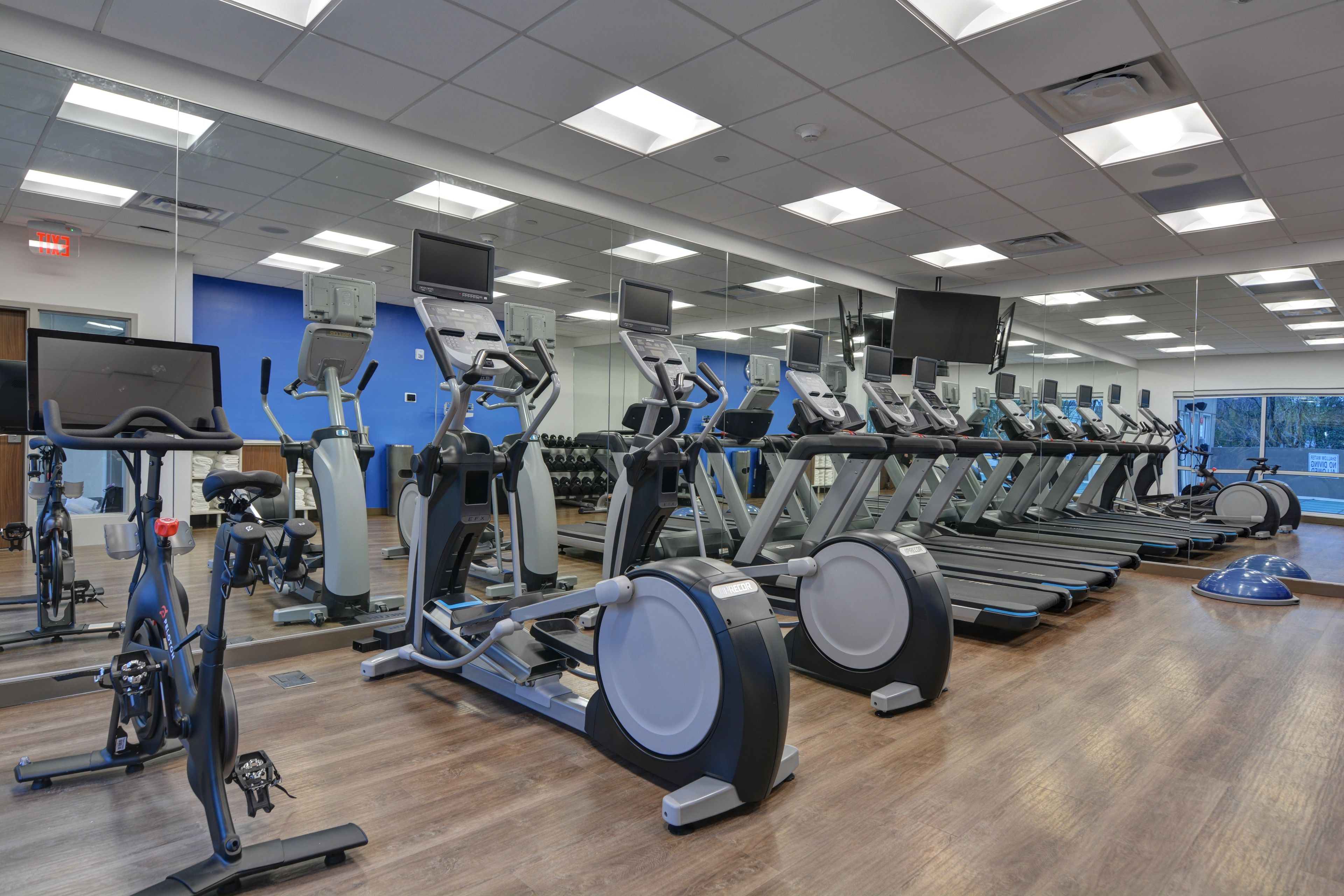 Un gimnasio con varias máquinas de ejercicio, incluyendo cintas de correr y bicicletas estáticas, y una pared azul al fondo.
