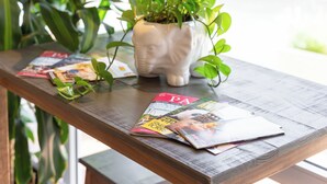 Une table en bois, avec des magazines et une plante en pot.