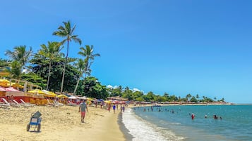 Una playa con tumbonas y sombrillas, palmeras y gente caminando por la orilla.