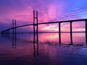 A bridge with a clear view of its structure and cables, spanning over a body of water.
