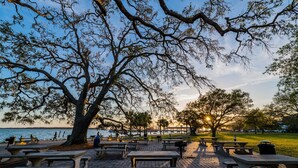 A park with picnic tables and benches, a large tree, and a view of the water. - 760 Ocean Boulevard #404 by Hodnett Cooper (St. Simons Island)