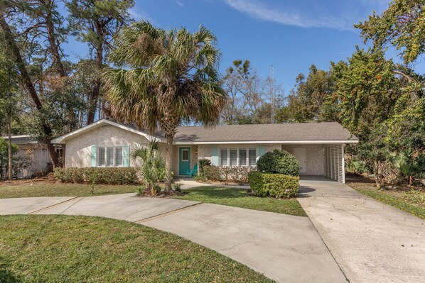 A single-story house with a front porch, a green door, and a small front yard with a palm tree and shrubs.