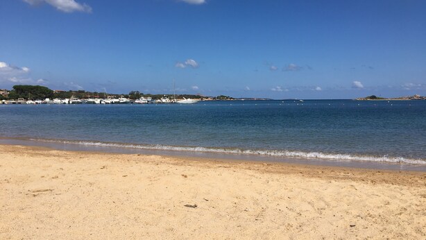 Una playa con cielo despejado y mar tranquilo.