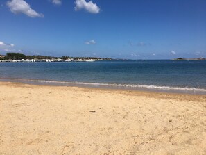 Une plage avec un ciel dégagé et une mer calme.