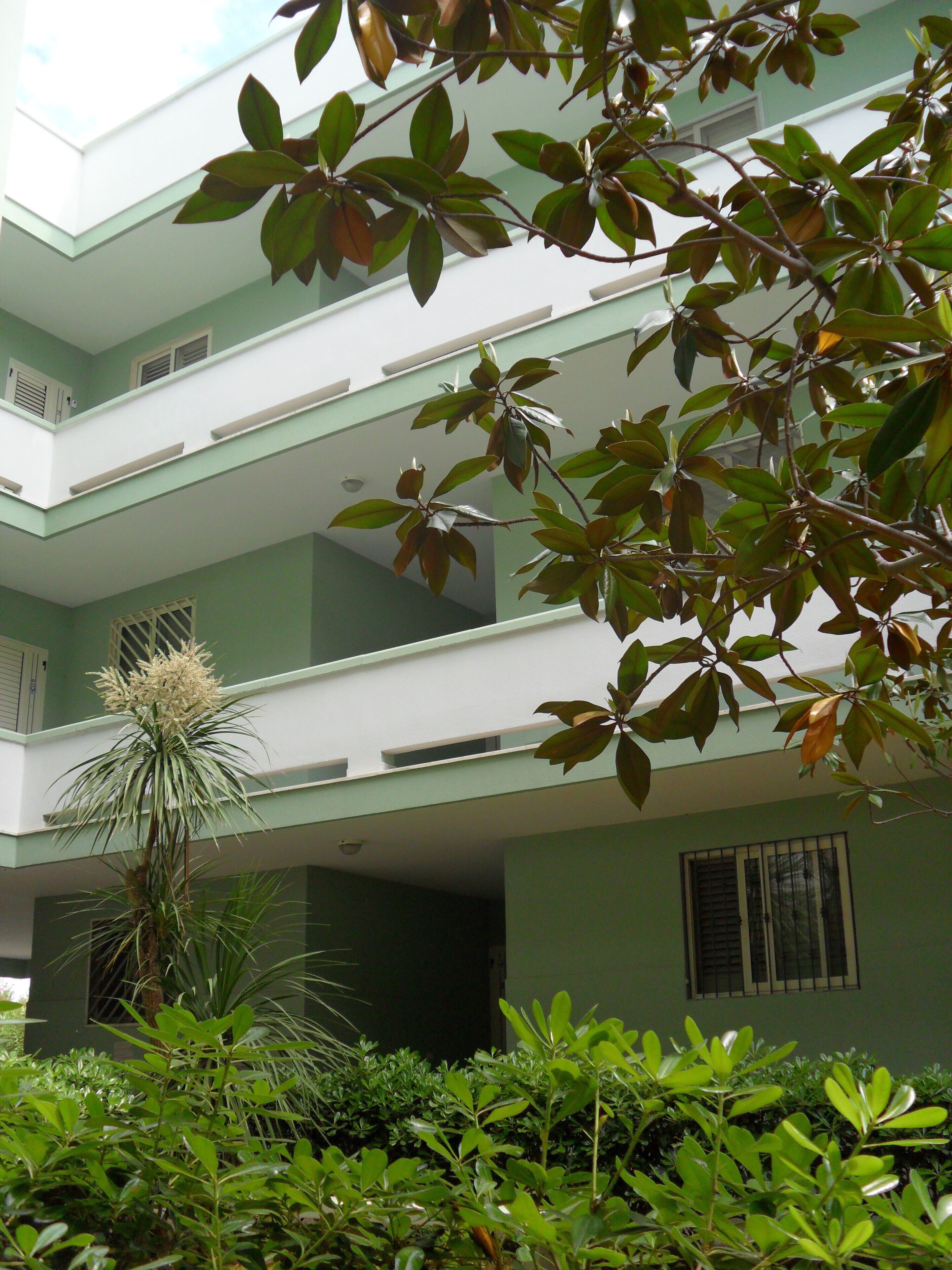 A multi-story building with a green facade and balconies.