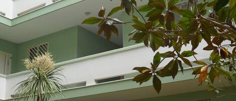 A multi-story building with a green facade and balconies.