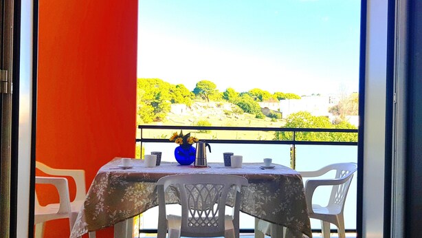 Un balcón con una mesa y sillas, un florero con flores y vista a una ladera.