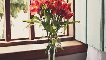 Un jarrón de cristal transparente con flores rojas sobre una mesa de madera junto a una ventana.