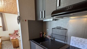 A compact kitchen with dark cabinets, a stainless steel refrigerator, and a black stove. - Yéti 6 n° 8: renovated apartment at Petit Chatel (Châtel)