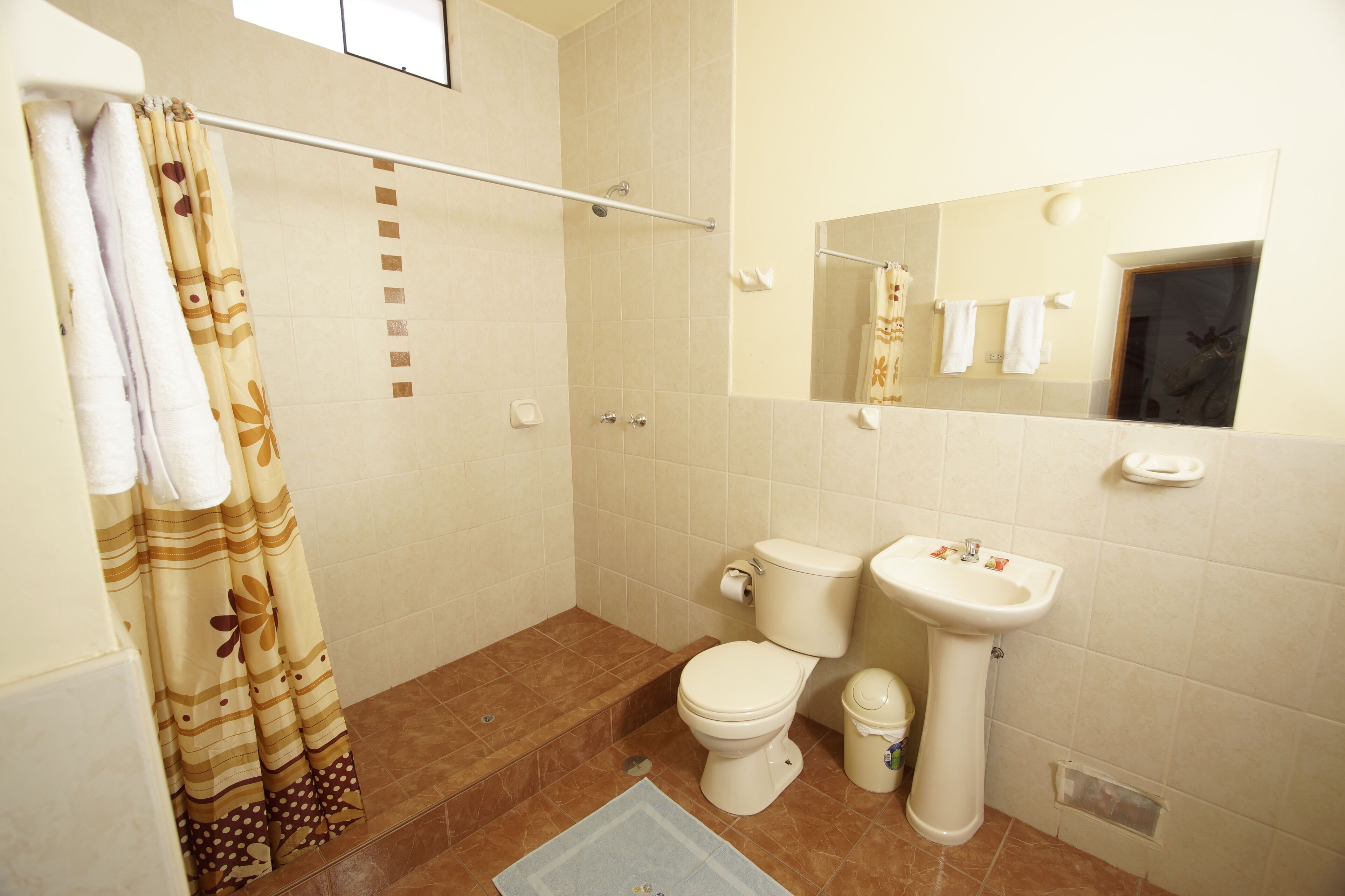 Un baño con ducha, inodoro, lavabo y espejo.