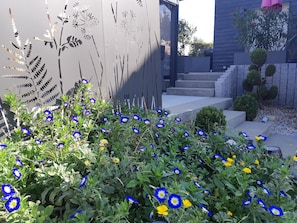 A garden with blue and yellow flowers, a grey wall with a shadow of a plant, and a staircase leading to a building. - La Villanelle Chambres d'Hotes et Institut Bien Etre (Pelousey)