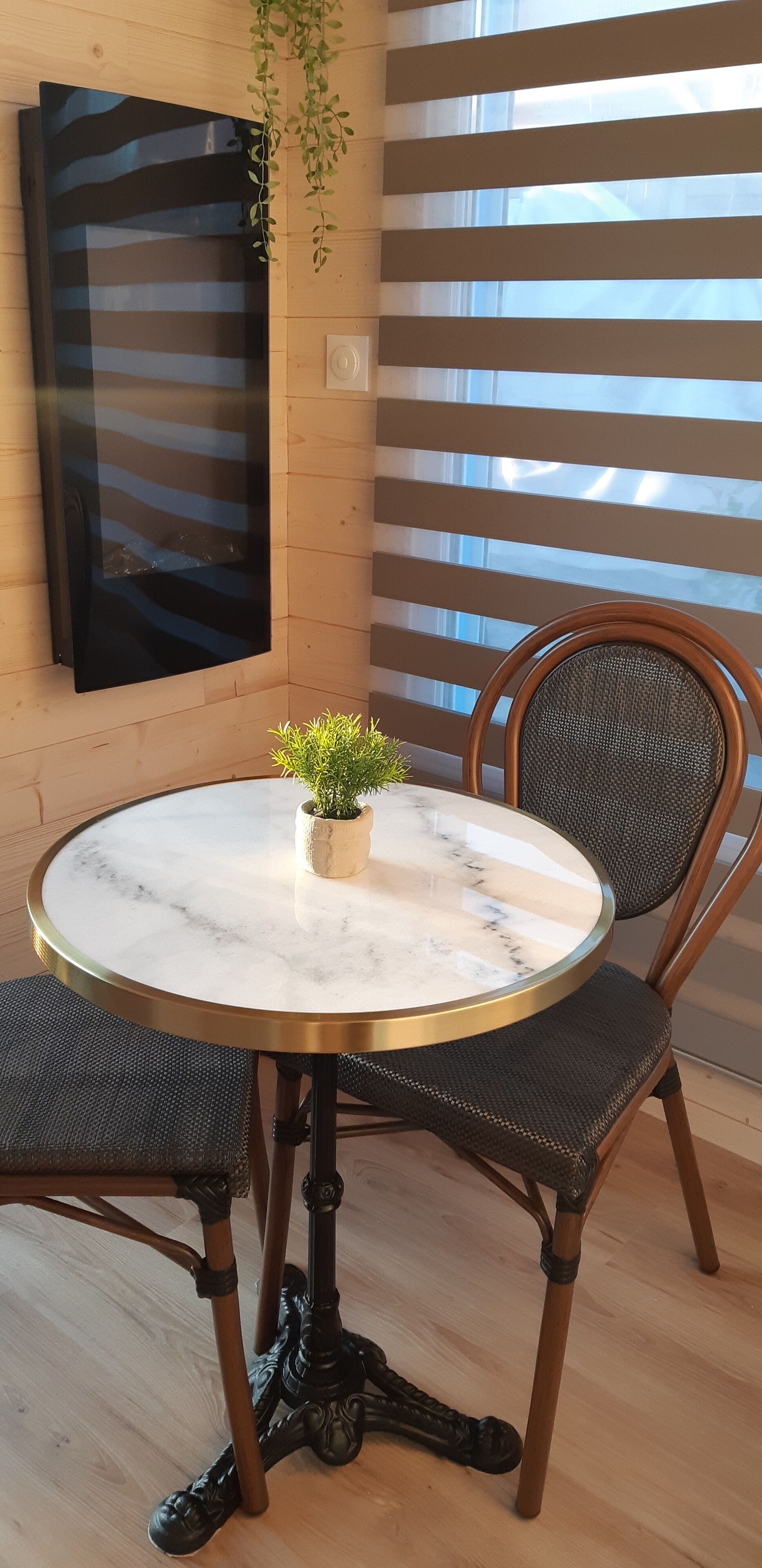 A round table with a marble top, two upholstered chairs, a small potted plant, and a wall-mounted TV.
