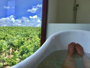 A bathtub with a view of a lush green landscape. - Bobos Cinnamon Estate  Sri Lanka (Induruwa)