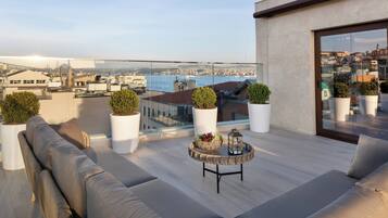 A rooftop terrace with a sofa set, potted plants, and a small table.