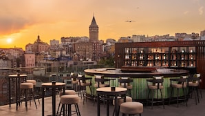 A rooftop bar with a city skyline view, featuring a bar counter, stools, and a sign reading "SKAL". - JW Marriott Istanbul Bosphorus (Istanbul)