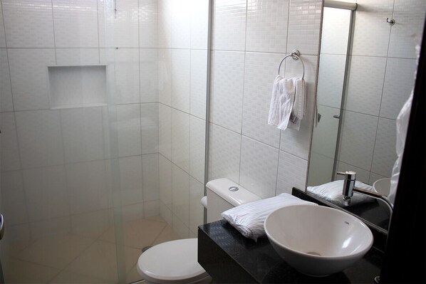 A modern bathroom with a glass shower enclosure, a toilet, a sink with a large basin, and a mirror.
