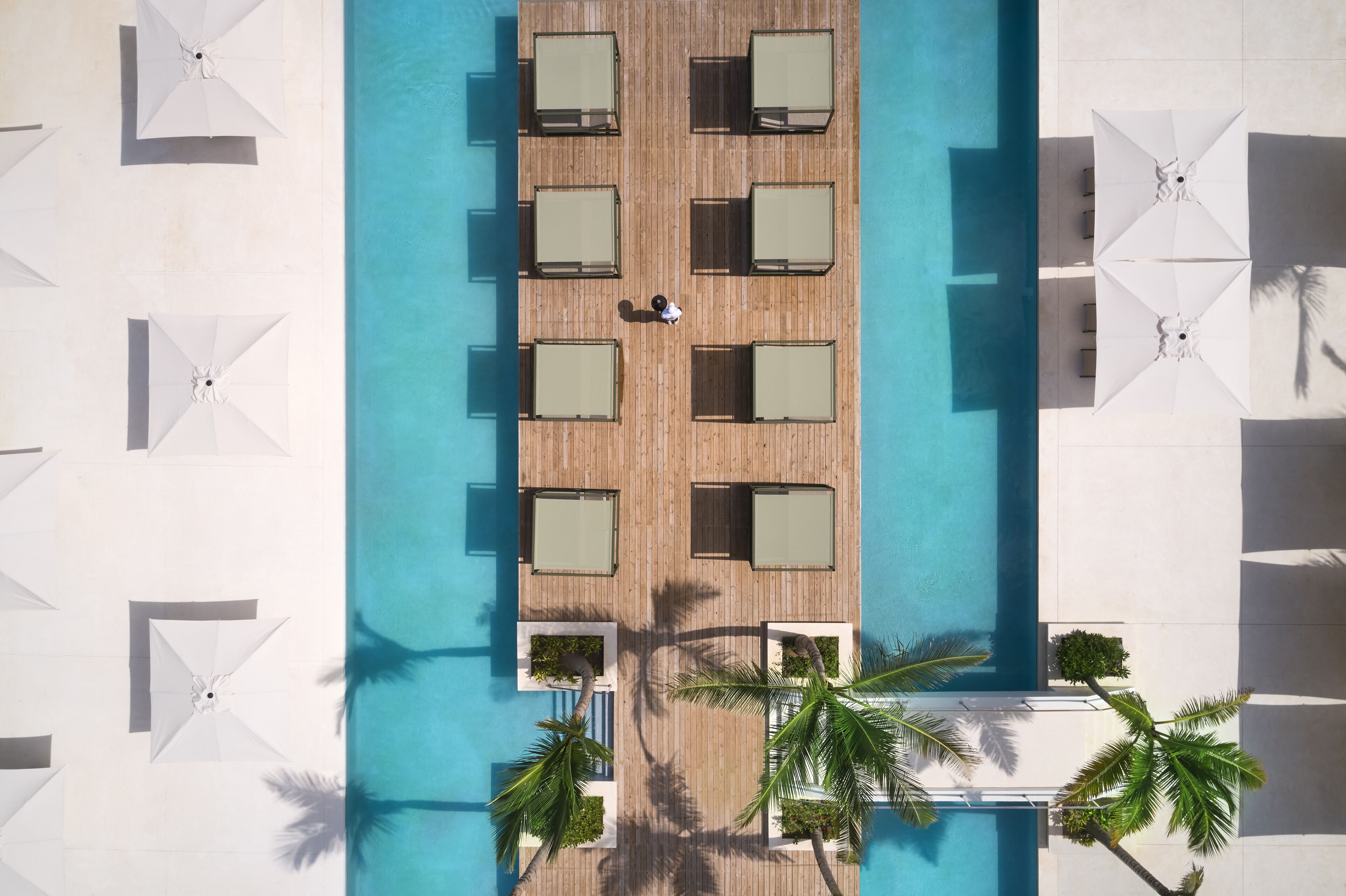 Vue aérienne d’un espace autour d’une piscine, avec des chaises longues et des parasols, le tout bordé de palmiers.