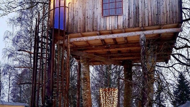 A wooden treehouse with a ladder, a small window, and a hanging light fixture. - Treehouse Magpies Nest With Bubble Pool (Avesta)