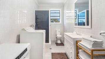 Shower, hair dryer, towels