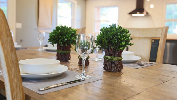 A dining table set with white plates, a wine glass, and two small potted plants.