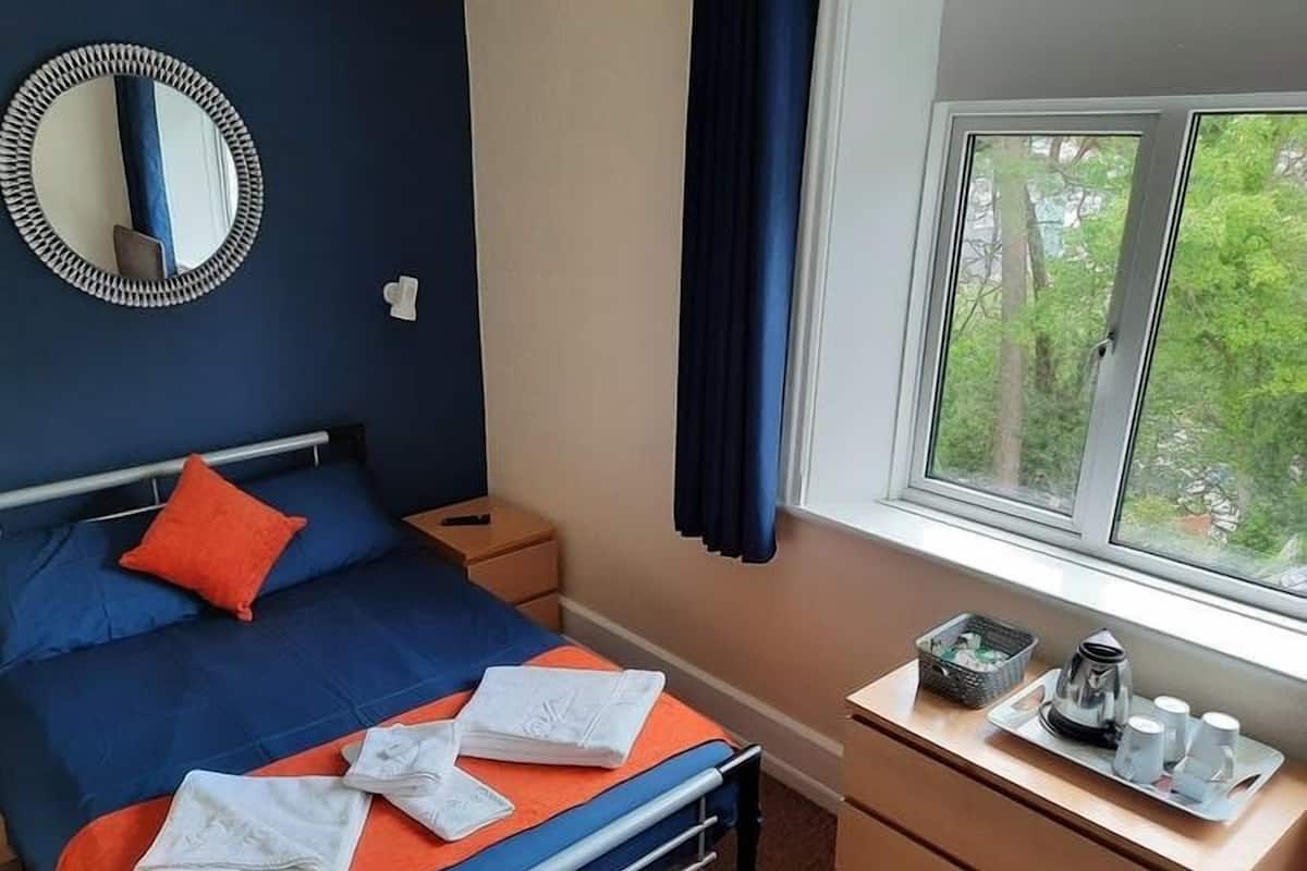 Ett välordnat sovrum med en säng, ett sängbord med en vattenkokare och koppar, ett fönster med utsikt över grönområden och en väggmonterad spegel.