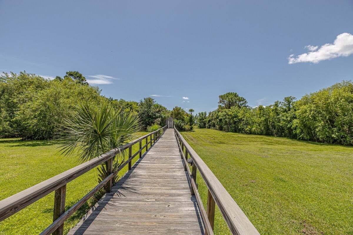 A wooden boardwalk leading through a grassy area with trees on both sides.