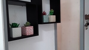 Un pasillo con dos estantes negros fijados a la pared, cada uno con una suculenta en maceta.