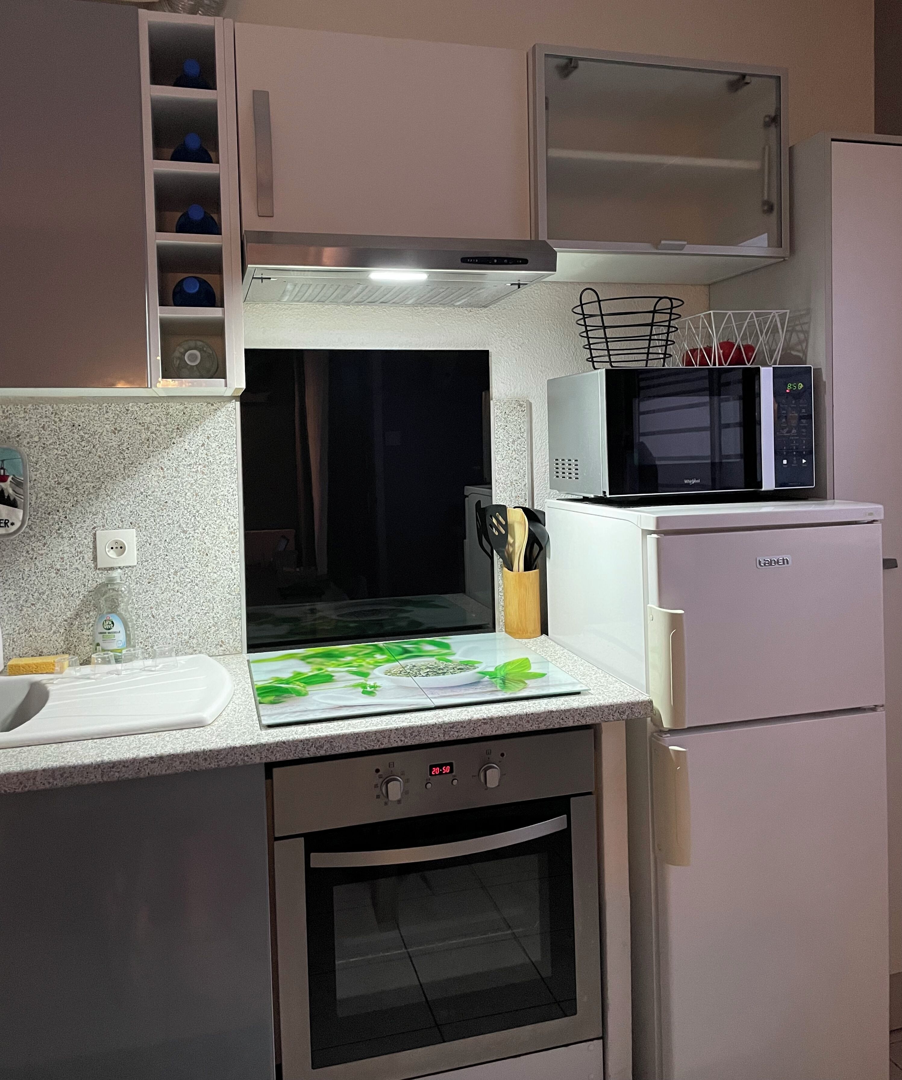 Coffee/tea maker, fridge, microwave, oven
