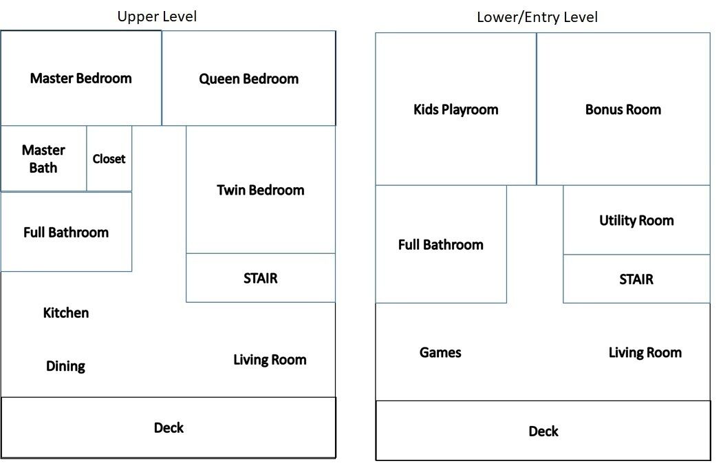 Grundriss mit zwei Ebenen: Obergeschoss und Unter-/Eingangsbereich. Das Obergeschoss umfasst ein Hauptschlafzimmer, ein Schlafzimmer mit Queensize-Bett, ein Hauptbad, einen Abstellraum, ein Zweibettzimmer, ein Vollbad, eine Treppe, eine Küche, einen Essbereich, ein Wohnzimmer und eine Terrasse. Der Unter-/Eingangsbereich bietet einen Spielraum für Kinder, einen zusätzlichen Raum, ein Vollbad, einen Hauswirtschaftsraum, eine Treppe, einen Spielbereich und ein Wohnzimmer.