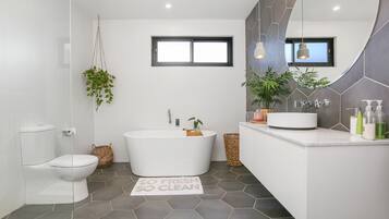Combined shower/tub, hair dryer, towels, soap