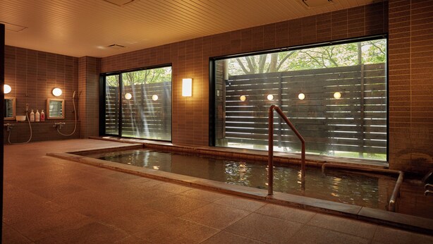 Un área de piscina interior moderna con ventanas amplias, suelo de baldosas y zona de ducha con barras de apoyo.